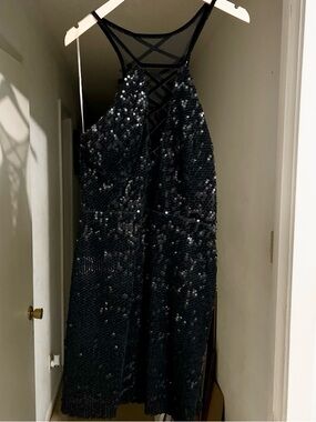 Black Sequin Backless Cocktail Dress with Strappy Mesh Detail